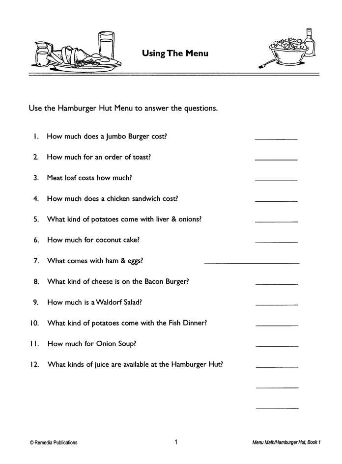 Menu Math: Hamburger Hut, Addition & Subtraction