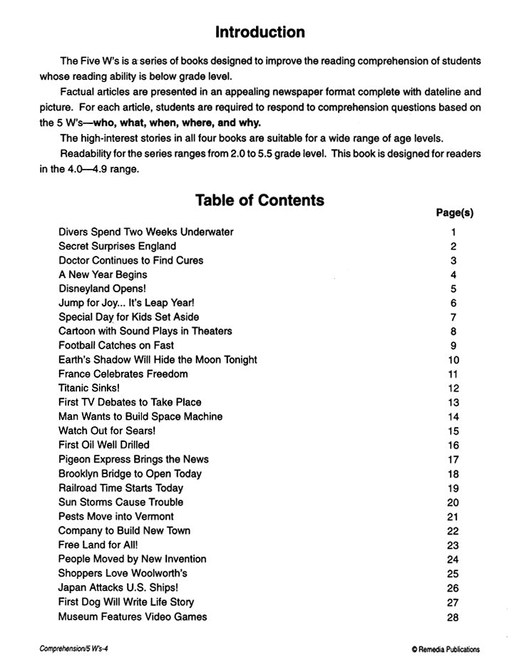 The Five W's Reading Level 4