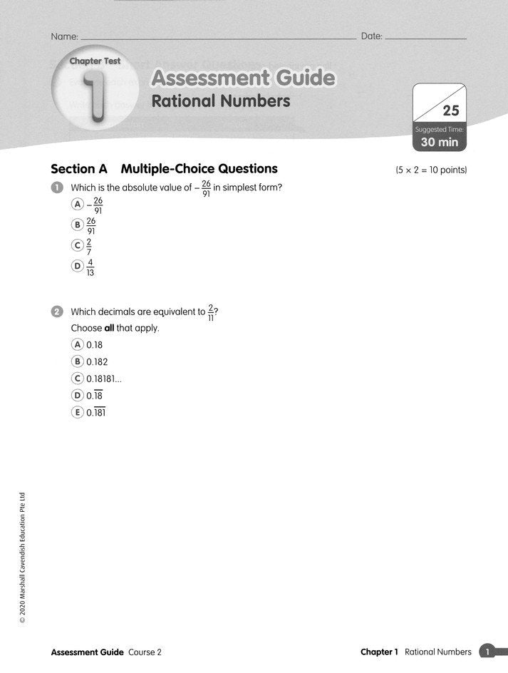 Math in Focus Assessment Guide Teacher Edition Course 2 (Grade 7)