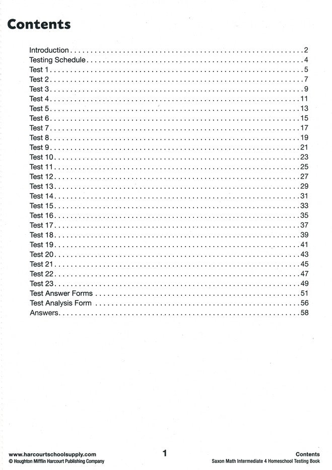 Saxon Math Intermediate 4 Homeschool Testing Book