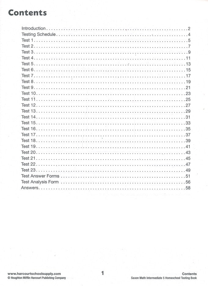 Saxon Math Intermediate 5 Homeschool Testing Book