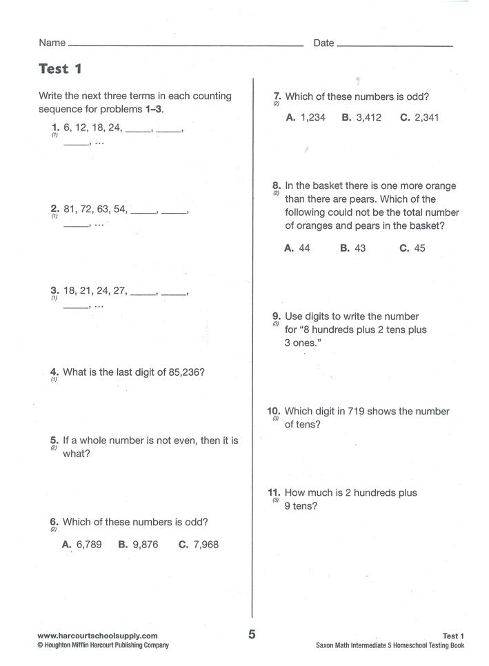 Saxon Math Intermediate 5 Homeschool Testing Book