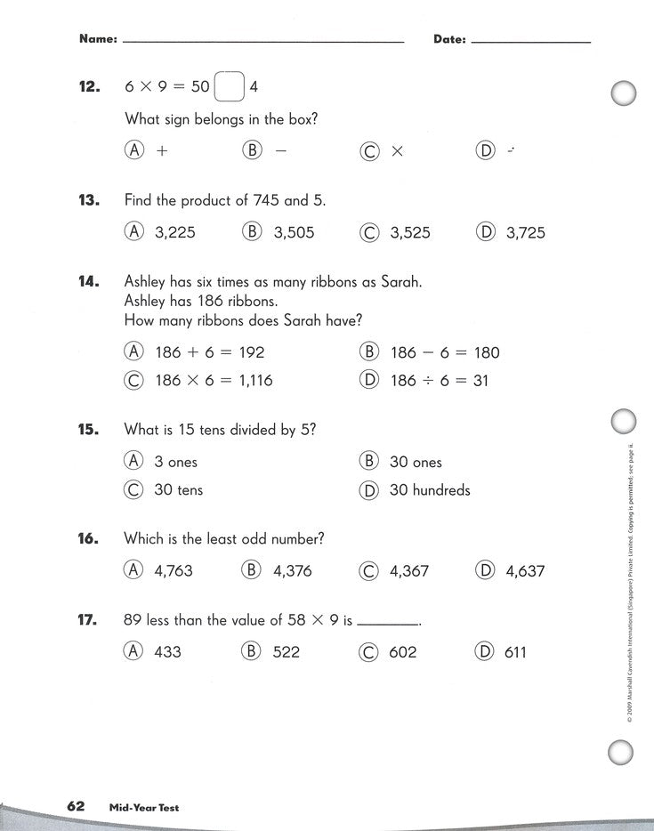 Math in Focus: The Singapore Approach Grade 3 Assessments