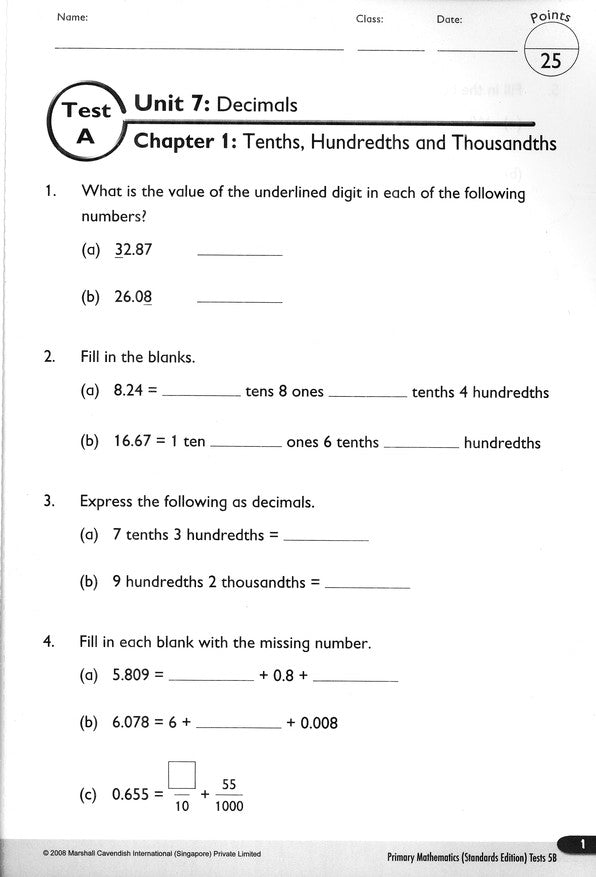 Primary Mathematics Tests 5B (Standards Edition)