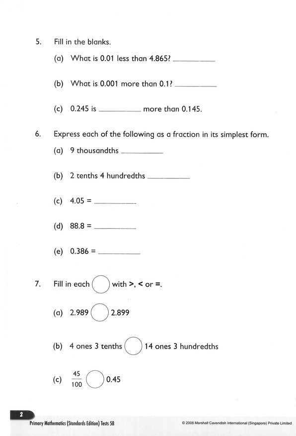 Primary Mathematics Tests 5B (Standards Edition)