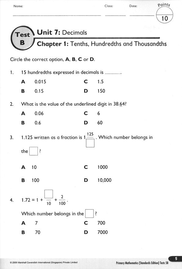 Primary Mathematics Tests 5B (Standards Edition)