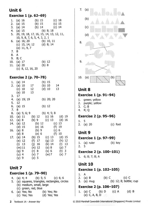 Primary Mathematics Answer Key Booklet 1A-3B (Standards Edition)