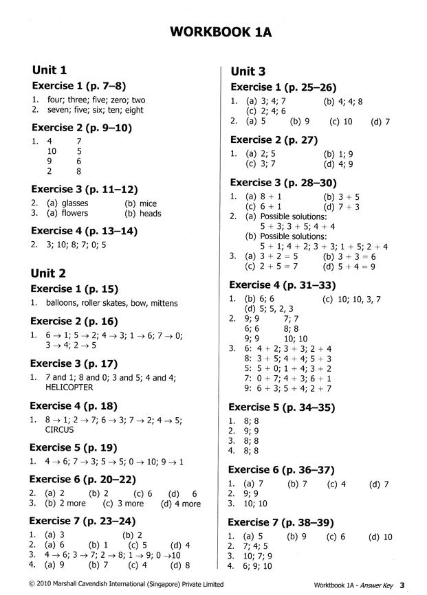 Primary Mathematics Answer Key Booklet 1A-3B (Standards Edition)