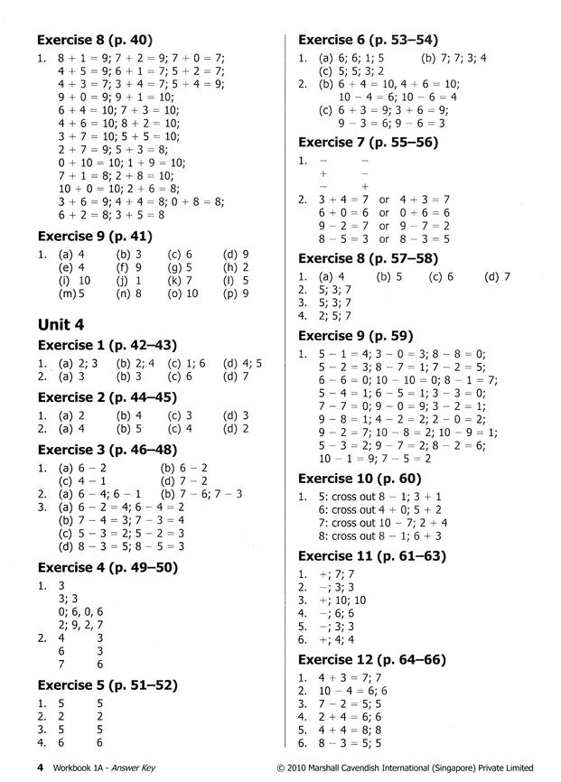 Primary Mathematics Answer Key Booklet 1A-3B (Standards Edition)