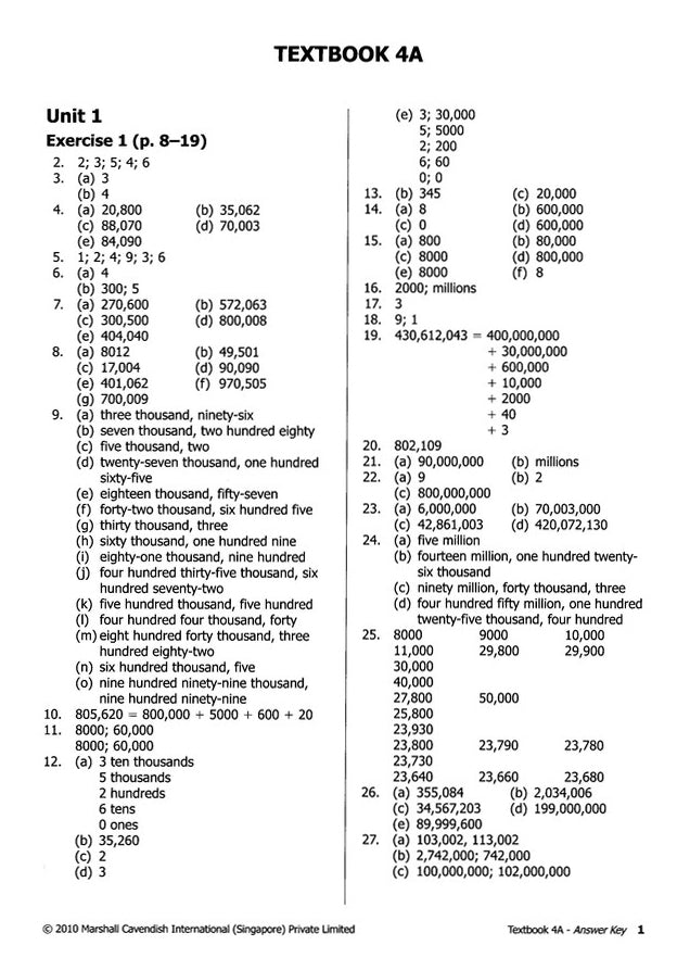 Primary Mathematics Answer Key Booklet 4A-6B (Standards Edition)