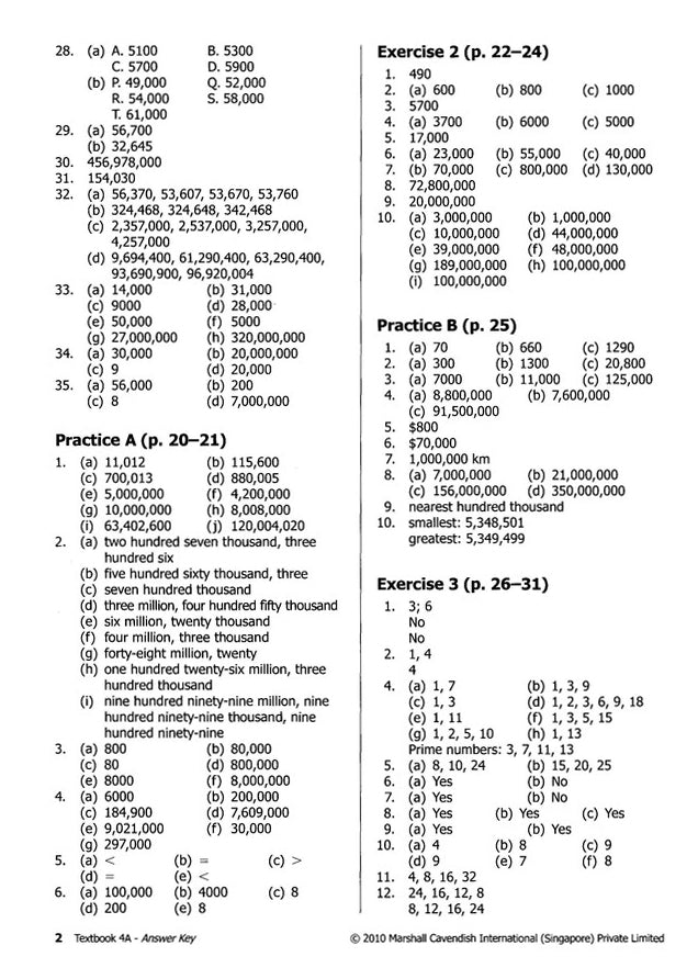 Primary Mathematics Answer Key Booklet 4A-6B (Standards Edition)