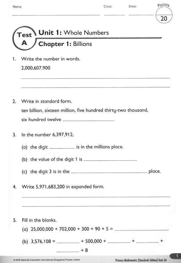 Primary Mathematics Tests 5A (Standards Edition)