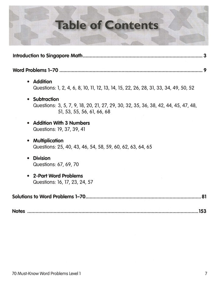 Singapore Math 70 Must-Know Word Problems, Level 1, Grades 1-2