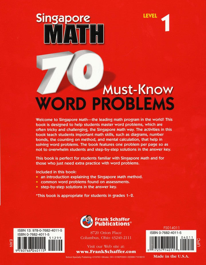 Singapore Math 70 Must-Know Word Problems, Level 1, Grades 1-2