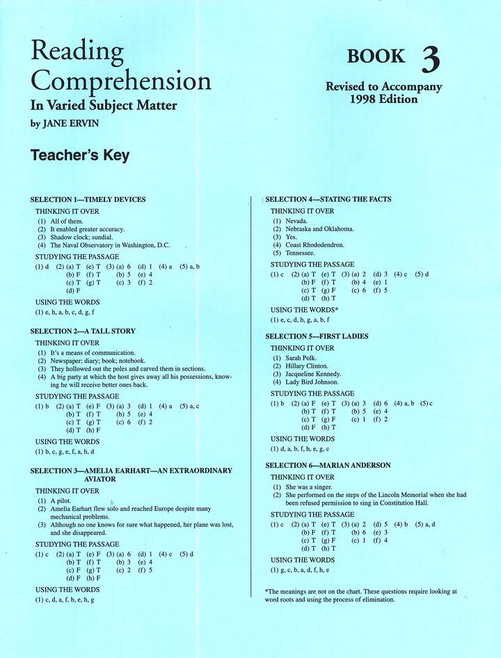 Reading Comprehension Book 3, Grade 5, Teacher's Key  (Homeschool Edition)