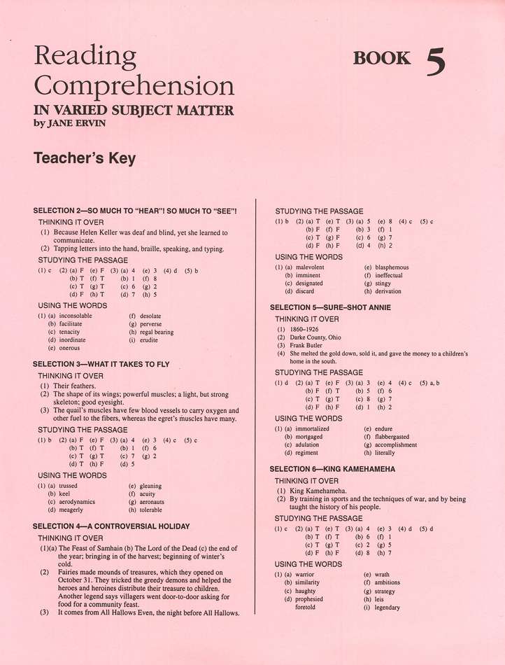 Reading Comprehension Book 5, Grade 7, Teacher's Key  (Homeschool Edition)