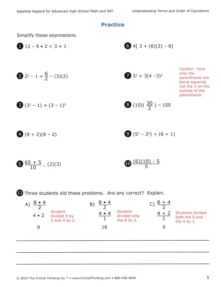 Essential Algebra for Advanced High School and SAT