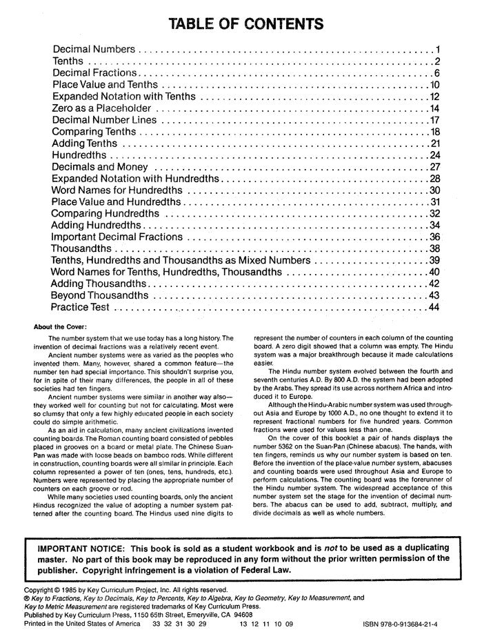 Key To Decimals, Book #1