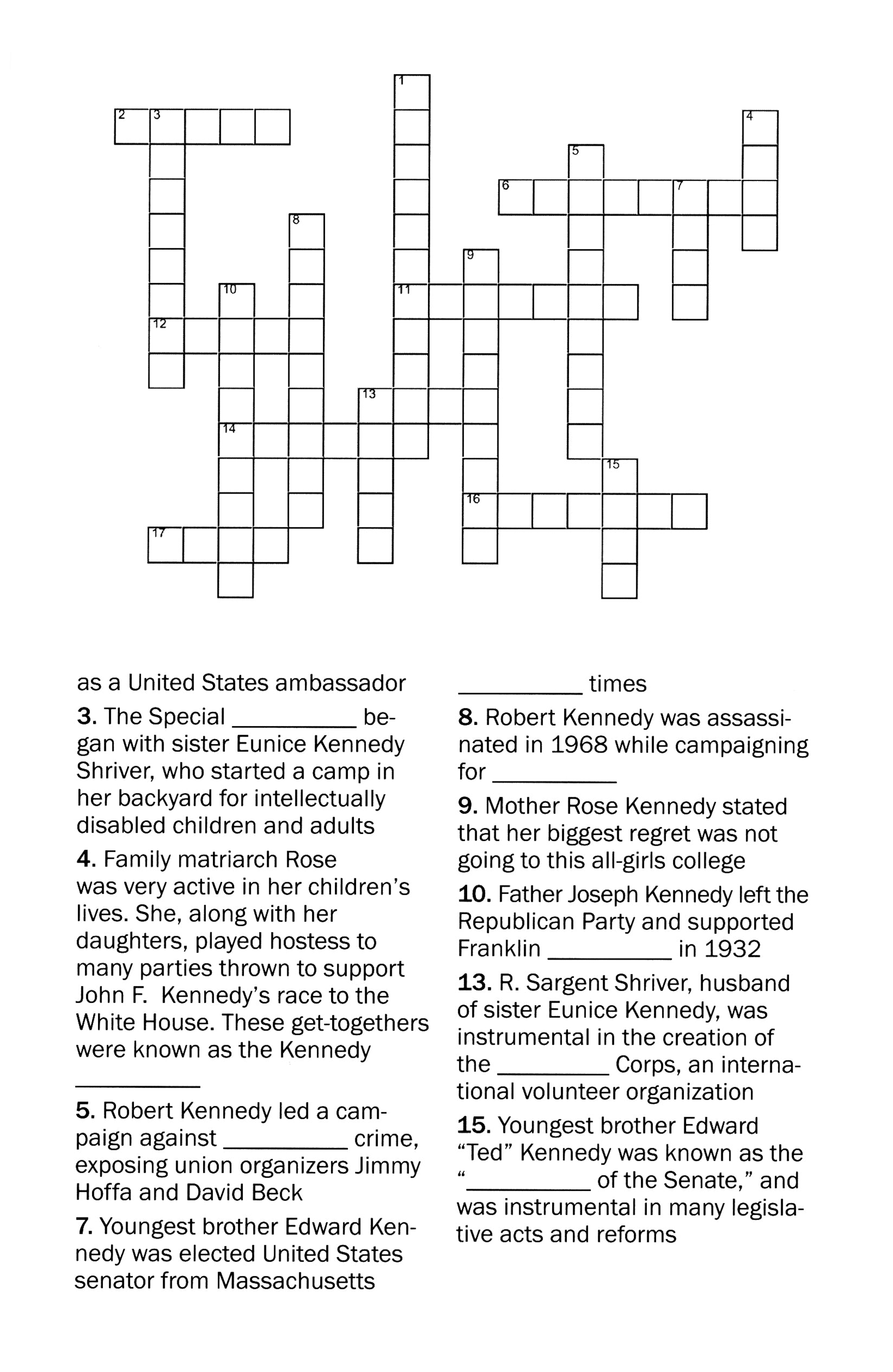 John F Kennedy Crossword Puzzles