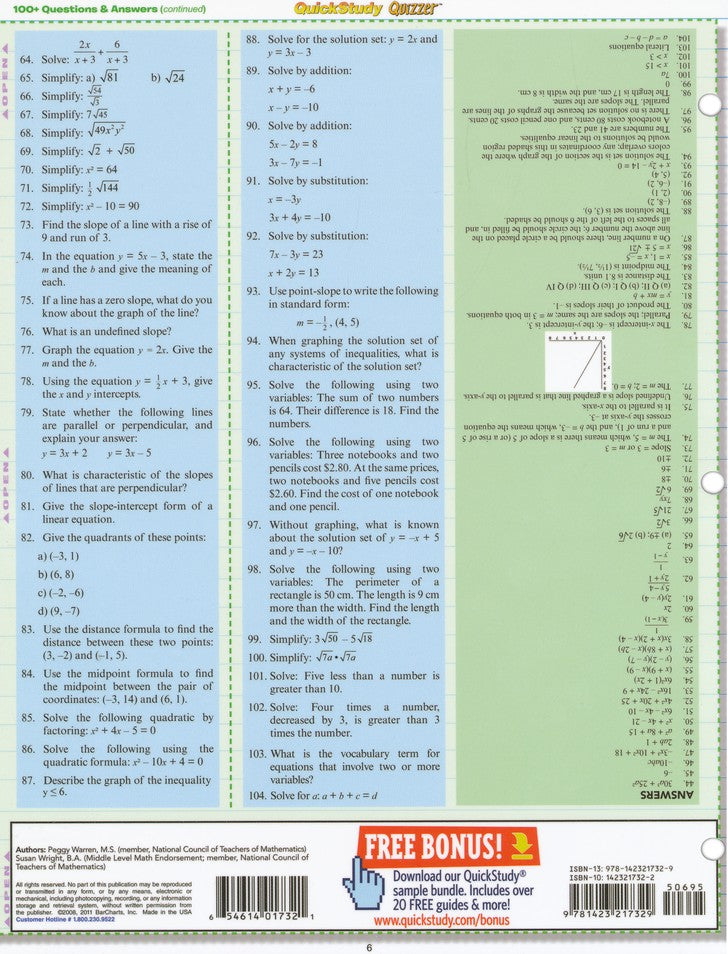 Algebra Fundamentals QuickStudy Quizzer Chart