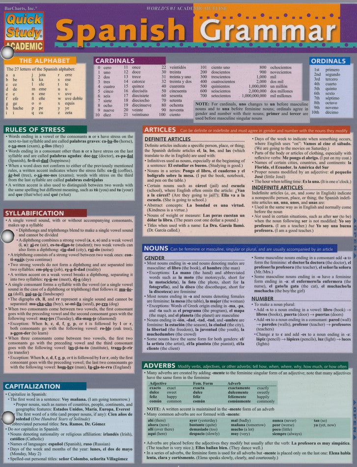 Spanish Grammar, Quickstudy&#174 Chart