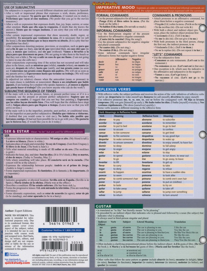 Spanish Grammar, Quickstudy&#174 Chart