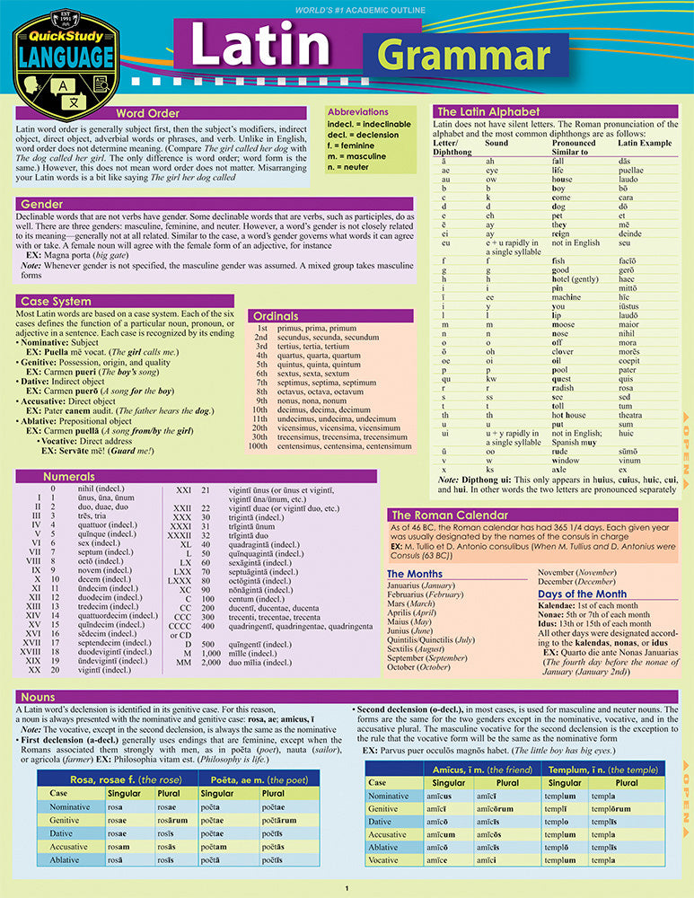 Latin Grammar Quick Study Chart, New Edition