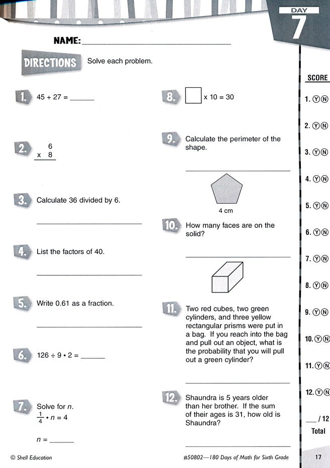 Practice, Assess, Diagnose: 180 Days of Math for Sixth Grade