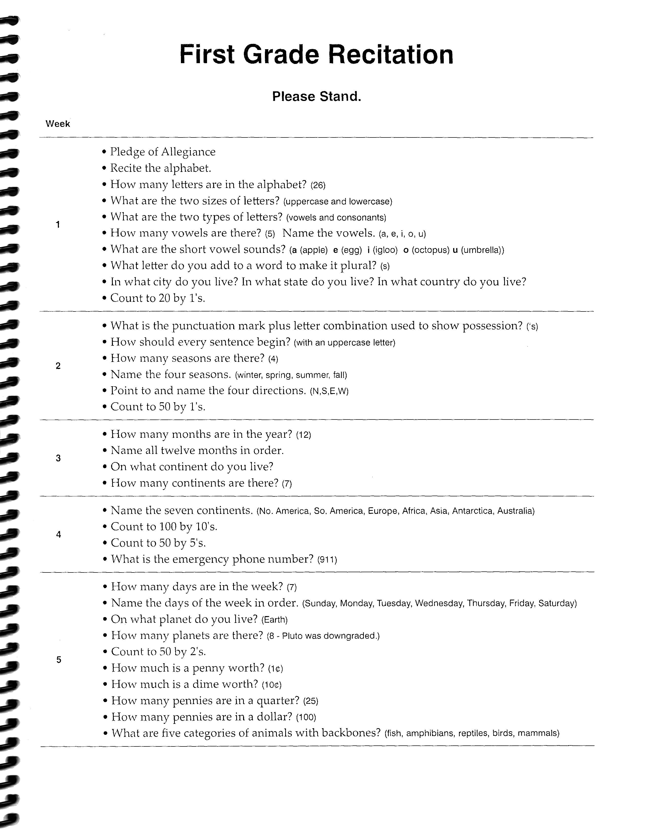 First Grade Recitation Lesson Plans (Charter  Version)