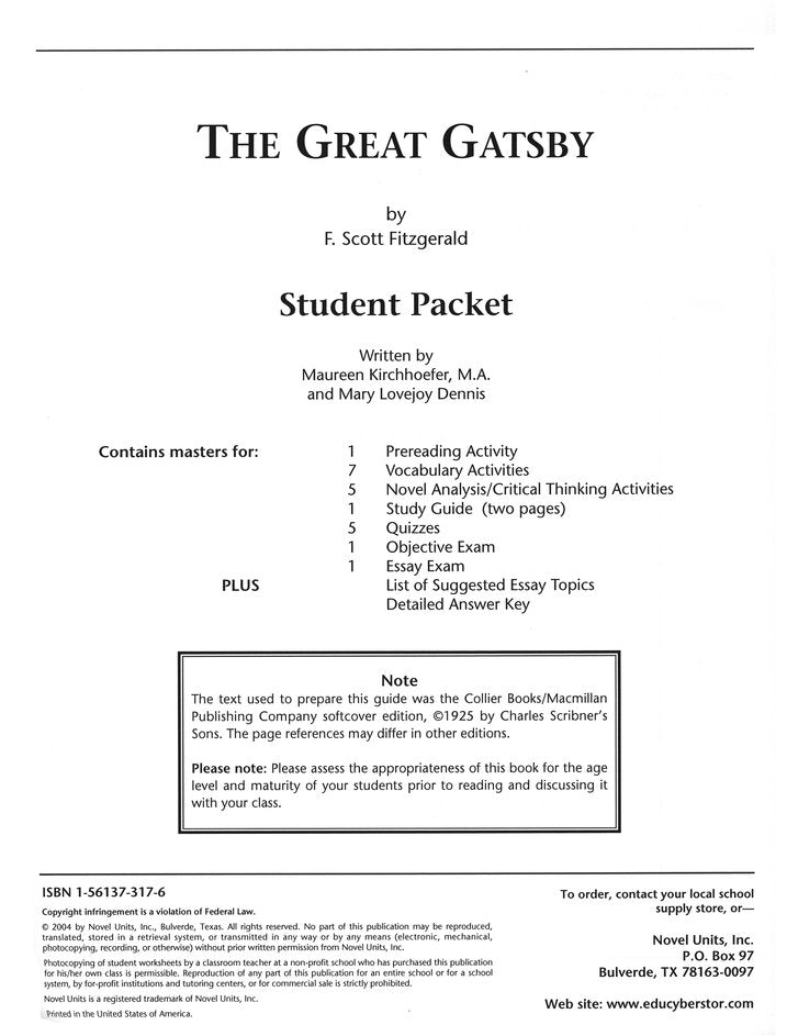 The Great Gatsby, Novel Units Student Packet, Grades 9-12