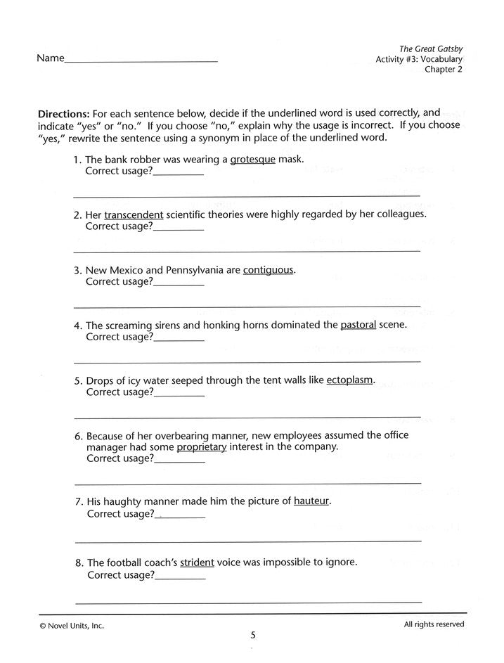 The Great Gatsby, Novel Units Student Packet, Grades 9-12