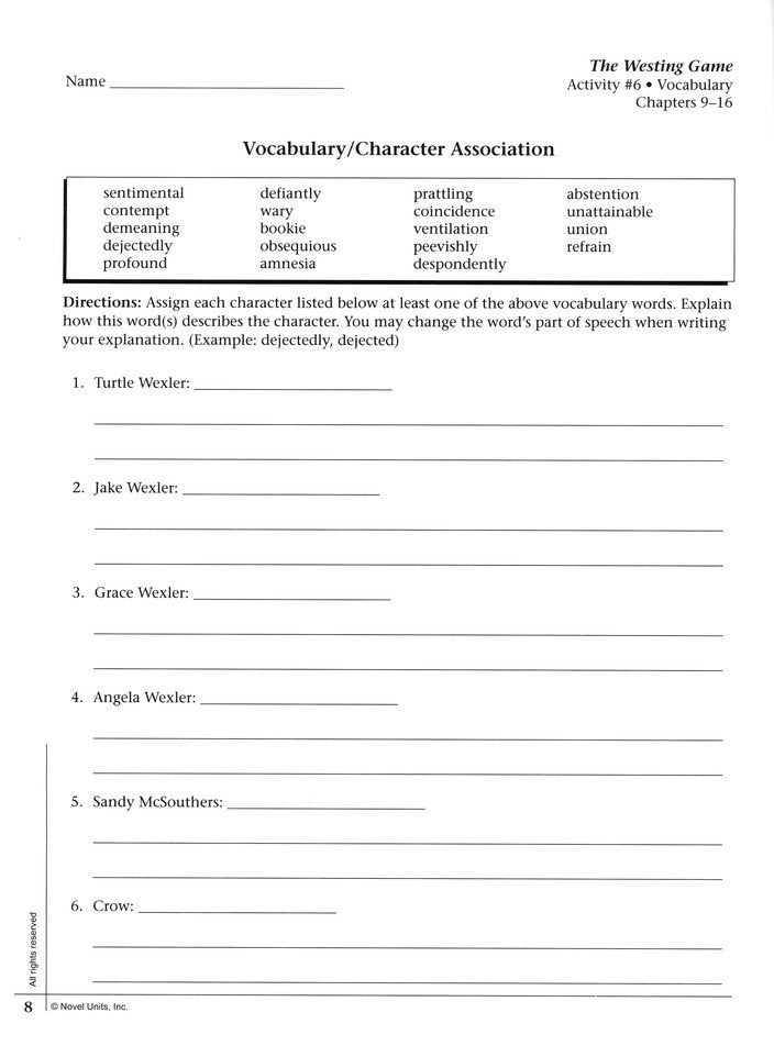 The Westing Game, Novel Units Student Packet, Grades 7-8