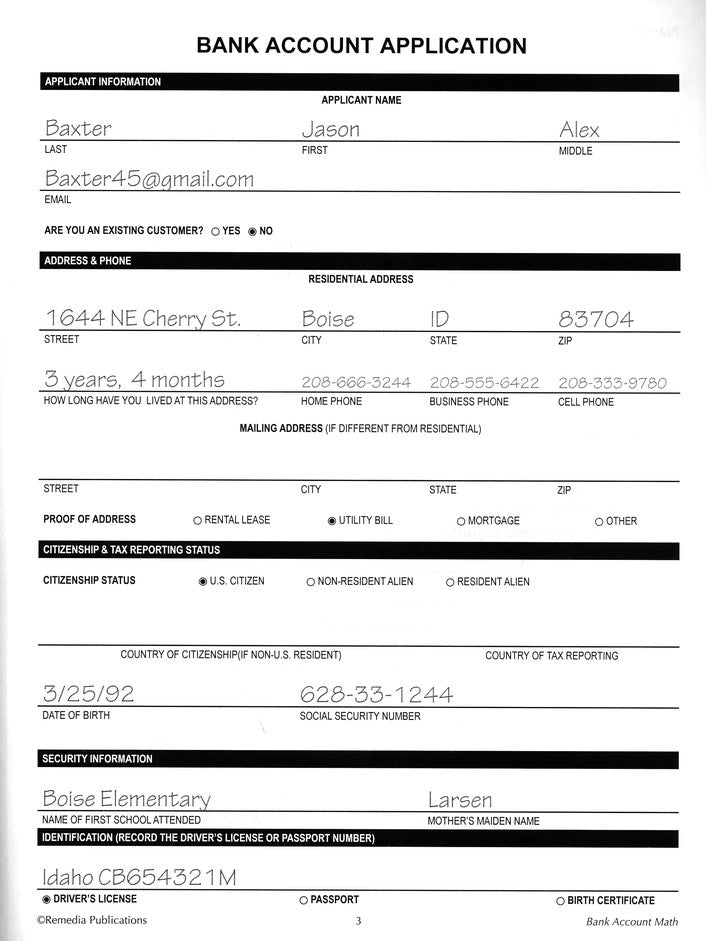 Bank Account Math (Grades 6 to 8)