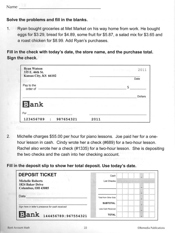 Bank Account Math (Grades 6 to 8)