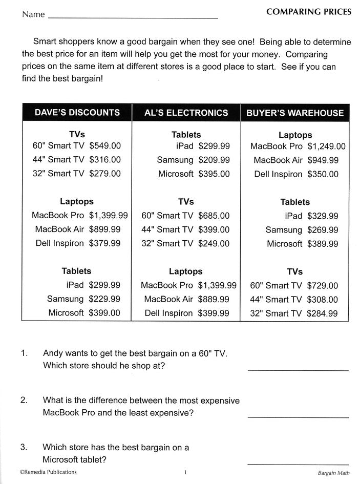 Bargain Math (Grades 6 to 8)