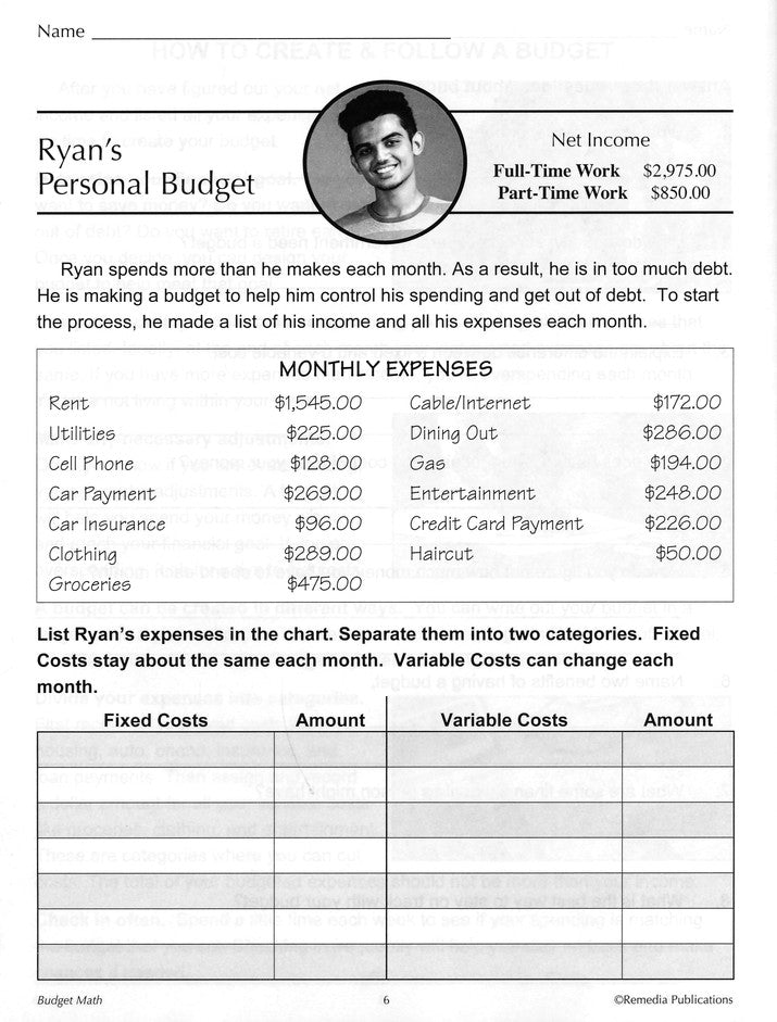 Budget Math (Grades 6 to 8)