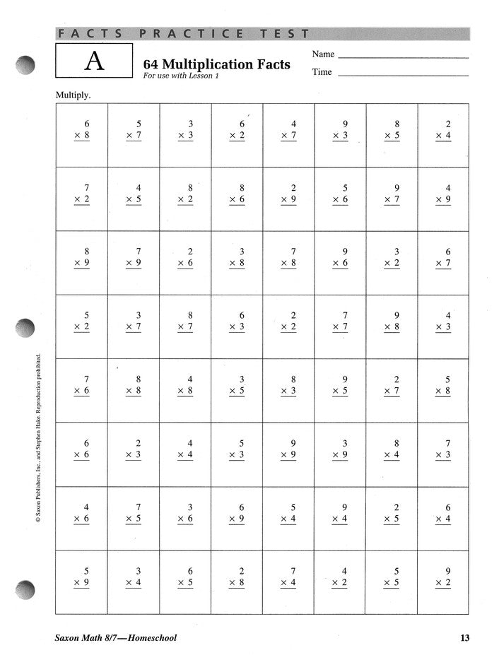 Saxon Math 8/7, 3rd Edition, Tests & Worksheets