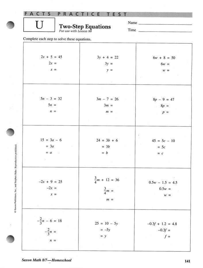 Saxon Math 8/7, 3rd Edition, Tests & Worksheets