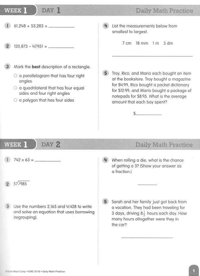 Daily Math Practice, Grade 6 Student Workbook