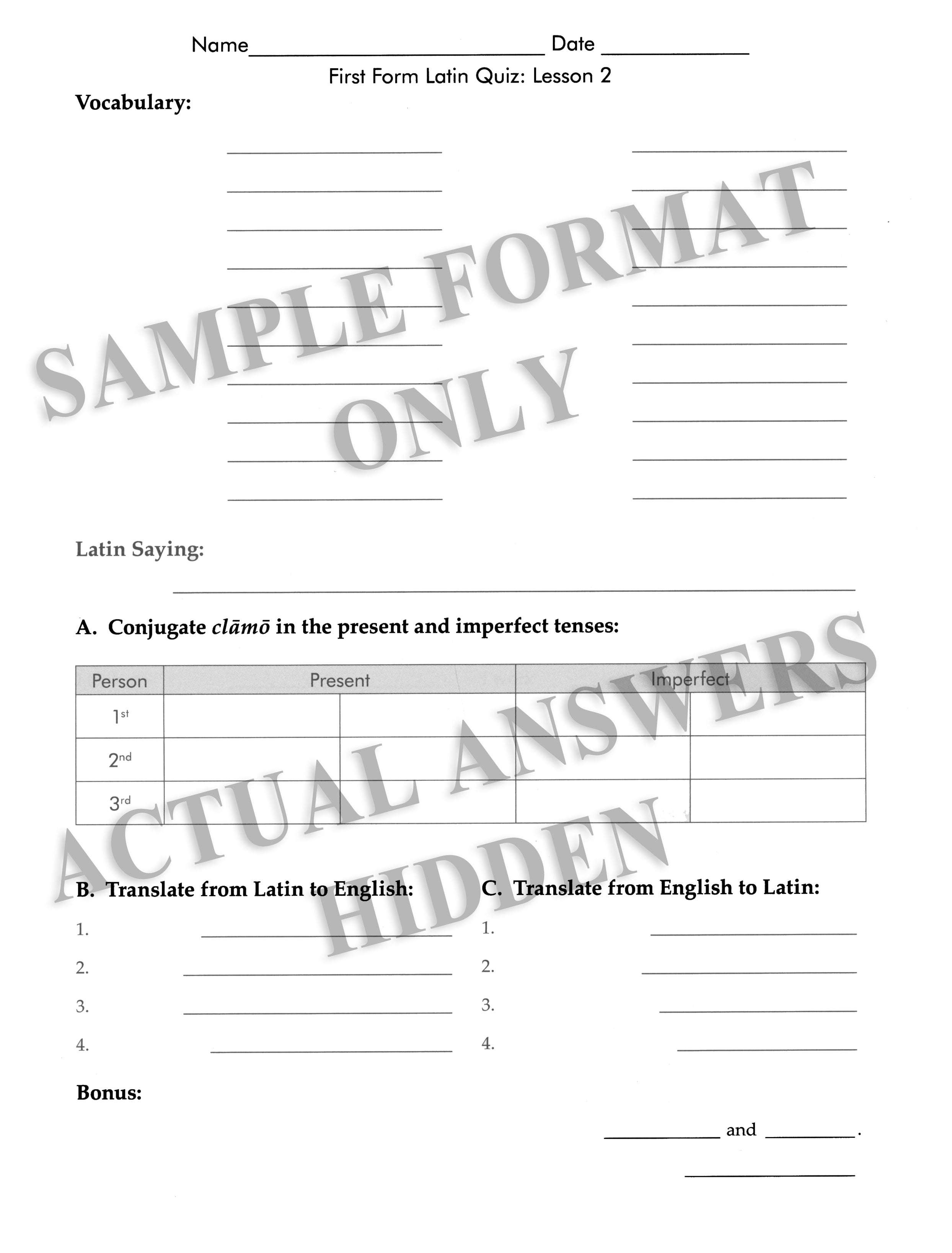 First Form Latin Quizzes & Tests (Charter Version)