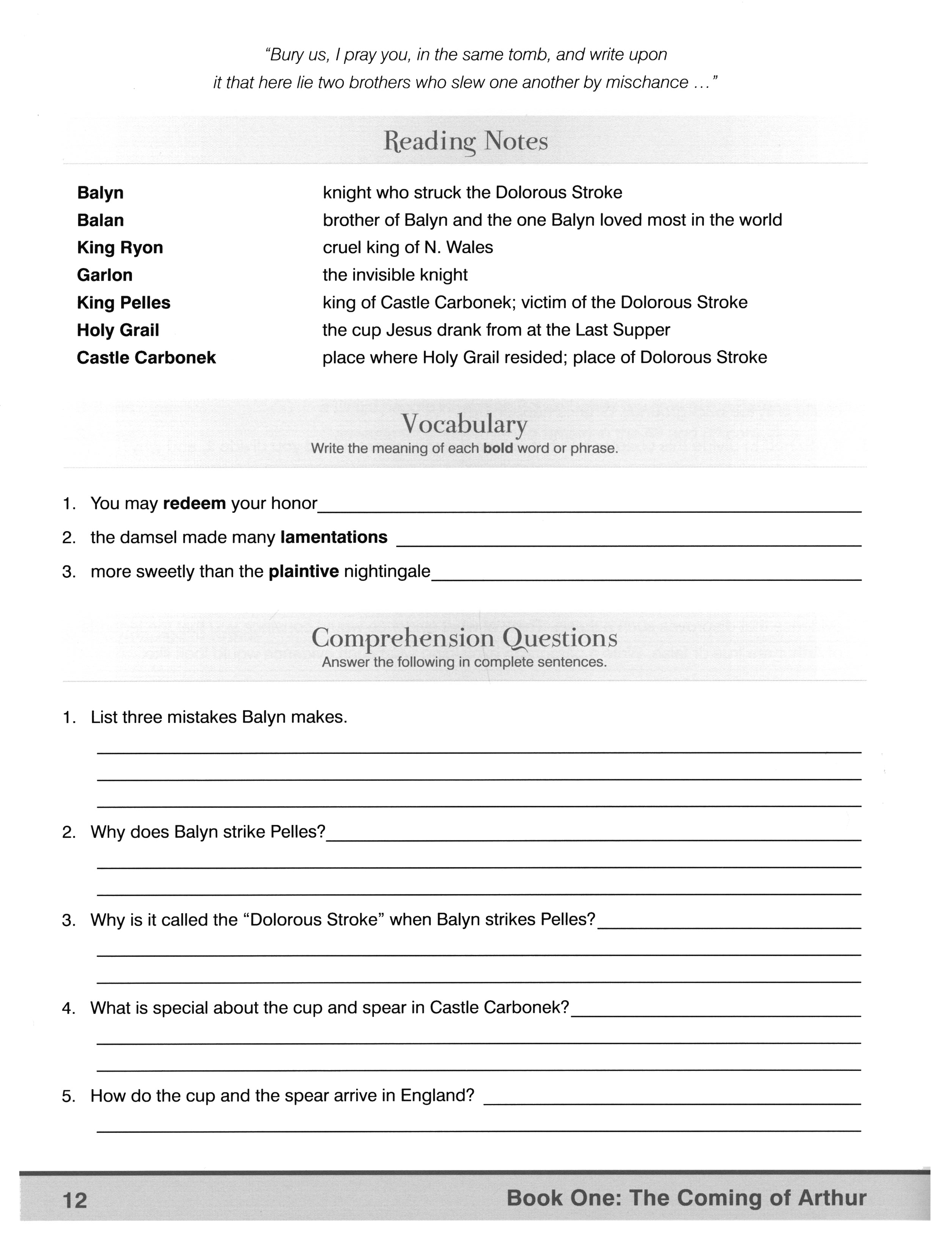 King Arthur and His Knights of the Round Table Student Study Guide (Charter Version)