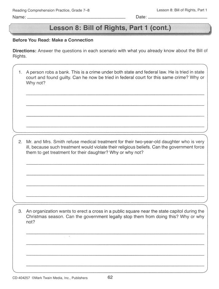 Reading Comprehension Practice, Grades 7-8