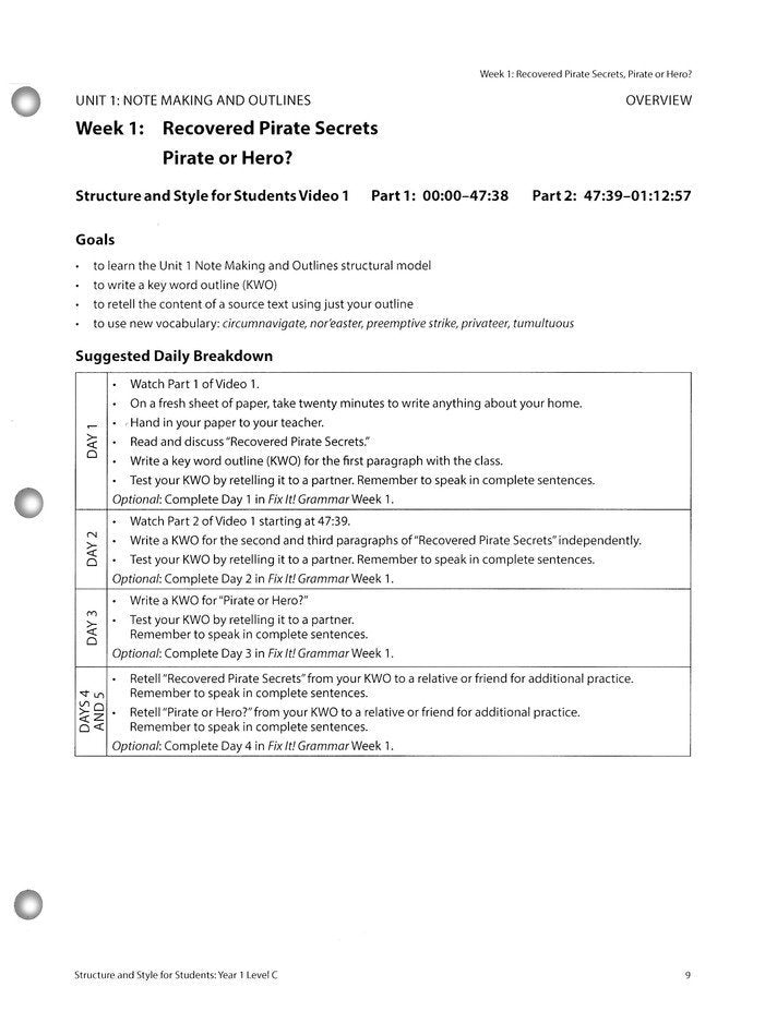 Structure and Style for Students: Year 1 Level C  Student Packet Only